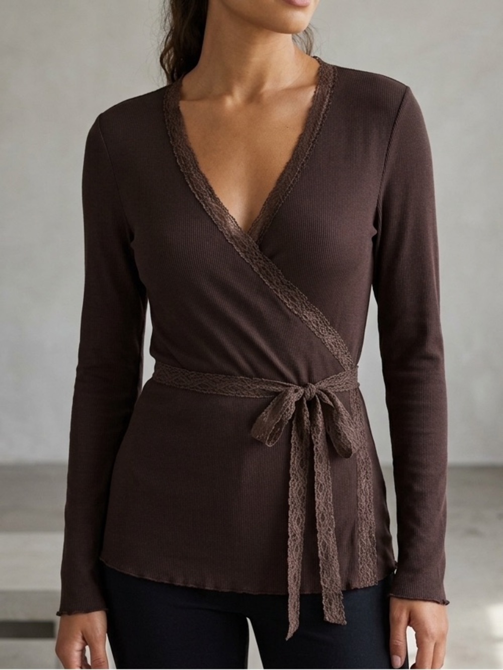 Women's Chocolate Brown Lace-Trim Wrap Tunic Top plus size casual office 1257